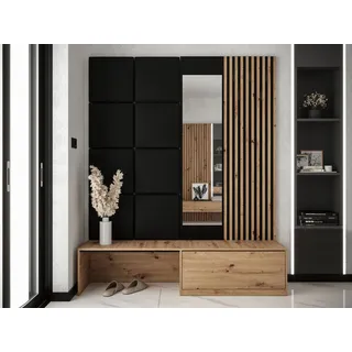 MIRJAN24 Garderoben-Set Premium, (Komplett-Set, Schuhschrank, Spiegel, Lamellen mit Kleiderhaken + Paneel 42x42), Griffloses Öffnungssystem schwarz
