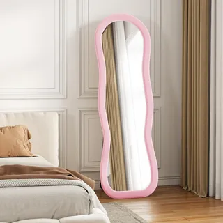 ADFUNIT Ganzkörperspiegel 160x50 cm, Standspiegel Wellenspiegel mit rosa Flanellrahmen, stehend/hängend/angelehnt, Großer Wandspiegel für Schlafzimmer, Ankleidezimmer, Wohnzimmer