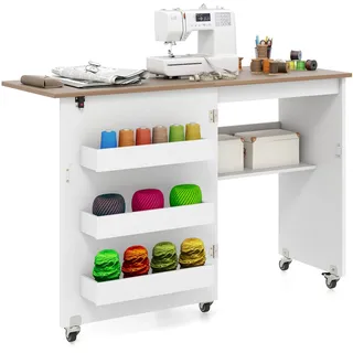 COSTWAY 2 in 1 Nähtisch klappbar, Nähmaschinenschrank aus Holz mit Regalen & Ablagefach, Nähschrank mit abschließbaren Rädern, Nähmaschinentisch Basteltisch für Wohnzimmer, Schlafzimmer (Weiß+Natur)