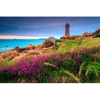 Papermoon Fototapete LEUCHTTURM-BRETAGNE BLUMEN WIESE MEER OZEAN KÜSTE BERGE bunt 2 m x 1,49 m