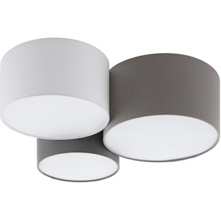 EGLO Deckenlampe Pastore, Textil Deckenleuchte mit 3 runden Lampenschirmen, Wohnzimmerlampe aus Metall und Stoff in Weiß, Braun und Grau, E27 Fassung