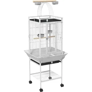PawHut Vogelkäfig, Papageienkäfig mit 3 Türen, 2 Sitzstange, 360° Rollen, Futternapf, Ablage, Vogelvoliere mit Freisitz, herausnehmbar Tablett, Stahl Voliere für Nymphensittiche, 62,5x62,5x156cm, Weiß   Aosom