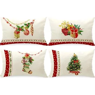 Cirzone Kissenbezug Weihnachten 30x50 cm 4er Set Weihnachtsbaum Weihnachtsstrümpfe Schachtel Kissen Weihnachten Dekoration für Home Sofa Garten Schlafzimmer