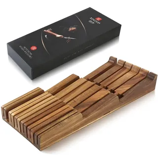 XINZUO Messerblock Schublade aus Akazienholz -Messeraufbewahrung für 4 lange+6 kurze Messer+1 Wetzstahl -Messerhalter für Schubladen 43,6 x 18,4 x 5,3 cm -Küche Messerorganizer Messereinsatz