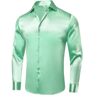 OLEETS Herren Business Langarmhemd -Satin Herren Hemden Revers Seide Hochzeit Business Slim Tops Herbst Streetwear Einfache Retro Büro Kleidung - XL