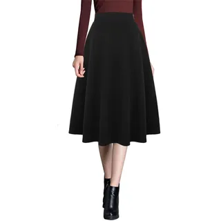 Ylingjun Warme Damen-Midi-Röcke, Winter, Herbst, hohe elastische Taille, A-Linie, ausgestellter Wollrock, Pure Black, Groß - L