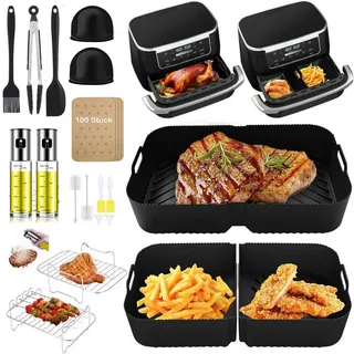 Refined Living Backform Airfryer Zubehör,Heißluftfritteuse Zubehör Set,Silikonformen,BPA-frei, (Airfryer Zubehör für AF500EU, Airfryer Set mit Ölsprüher, Heißluftfritteuse Zubehör Set 23-teilig, 100 Blatt Fettfreies BackpapierEdelstahl Rack, Spieße, 2x Ölsprüher Glas Edelstahl 100ml, mit Trichter & Pinsel, Fritteusen Set, Dual-Zone Heißluftfritteuse Zubehör,Olivenöl Sprühgerät, Öl Zerstäuber, Heißluftfritteusen Grillzubehör, Ideal für Pommes, Hähnchen und mehr,Familien und Partys, Langlebig, Vielseitigkeit,