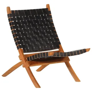 Festnight Retro Sessel Echtleder Klappbar Lesesessel Vintage Loungesessel Leder Relaxsessel Einzelsofa Ledersessel Einzelsessel Schlafzimmer Massivholz Akazie Schwarz 55x67x79 cm