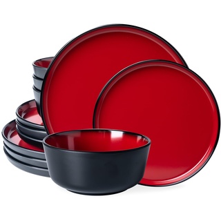 LEHAHA Melamin-Geschirr-Set, Service für 4 Personen, Rot und Schwarz, 12-teiliges Outdoor-Geschirr-Set mit Speisetellern und Schüsseln, schweres und unzerbrechliches Geschirrset, BPA-frei