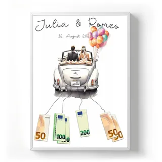 codiarts. Personalisiertes Geldgeschenk Poster – optional mit Rahmen – Gastgeschenk Hochzeit mit Namen und Datum – Hochzeitsgeschenk für Brautpaar (Auto 4, DIN A3)