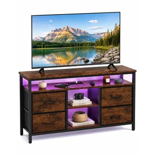 Ginhow TV Lowboard mit LED Beleuchtung und Steckdosenleiste 110cm TV Schrank Industrial Holzoptik Schwarz mit 4 Stoffschubladen offenen Fächern für Wohnzimmer Schlafzimmer