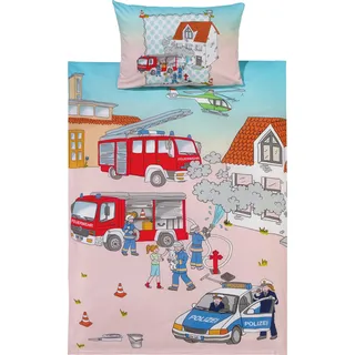 Erwin Müller Kinder-Bettwäsche, Bettgarnitur Polizei und Feuerwehr Renforcé bunt Größe 40x60 cm / 100x135 cm - temperaturausgleichend, strapazierfähig, mit praktischem Reißverschluss