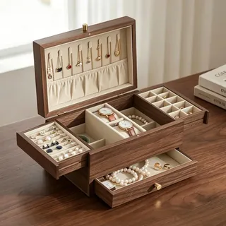 Baolivi Schmuckschatulle aus Holz Schmuckkasten klein für Damen, Massivholz Vintage Schmuckkästchen Schmuckbox mit Halskettenhalter, 3 Ebenen Schmuckaufbewahrung für Schmuck, Ohrringe, Armbanduhr