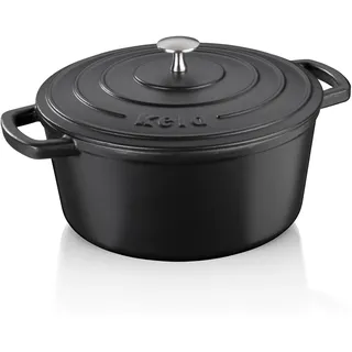 kela Bräter Gusseisen rund 4,6 Liter, Dutch Oven CALIDO, Induktion Gussbräter mit Deckel, Gusseisen Topf Brot backen, emailliert, schwarz