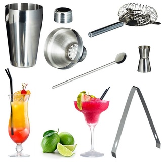 relaxdays Cocktail Shaker 8 x Cocktailset Edelstahl 5-teilig, Edelstahl silberfarben