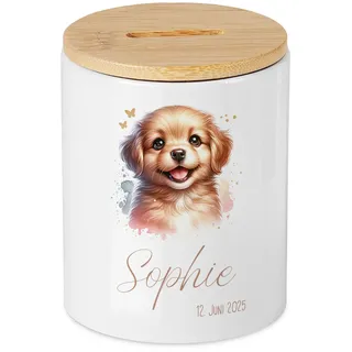Personalisiertes Welpen Spardose mit Name und Datum, niedliches Tier Geldgeschenk zum Geburtstag für Kinder, Kleinkinder, Mädchen, Jungen, Wunscherfüller
