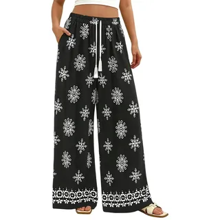 Sommerhose Damen Leicht Boho Große Größen Palazzo Hose Mit Taschen Bunt Lang Hosen High Waist Leichte Sommerhose Damen Luftige Blumen Loungehose Weite Strandhose Lange Lockere Dünne Freizeithose