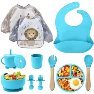 Baby Geschirrset 12-teilig, Silikon, BPA-frei, für Babynahrung, mit Saugnapf und Lätzchen