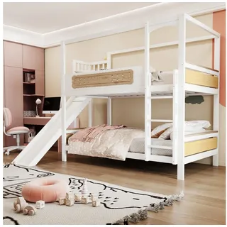 Merax Etagenbett 90x200 cm mit Hausrahmen & keksförmigen Dekorationen (Hochbett Jugendbett Hausbett Stockbett Doppelbett, 1-St), Kiefernholz Kinderbett mit Rutsche, Sicherheitsleiter & Schutzgitter weiß