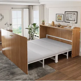 MODFU Funktionsbett Platzsparendes Schrankbett mit Rollen und Matratze (Klappbett mit integriertem drehbarem Schreibtisch), Inklusive Matratze