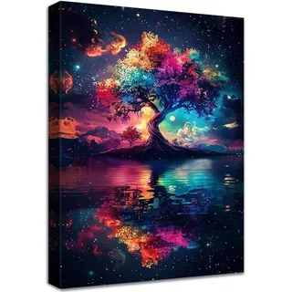 Famanu Canvasbild Abstrakte Kunst - Farbiger Lebensbaum mit Sternenhimmel - Holzrahmen - 40x60 cm