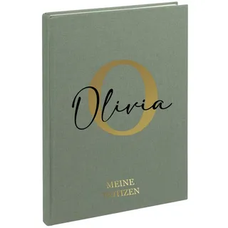 AWASG Notizbuch A5 – Personalisiert mit Name – Notizheft 200 Seiten dotted – Leinencover Grammatur 100g/m2 - Buchstabe Initiale (olive)