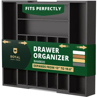 ROYAL CRAFT WOOD Luxuriöser Schubladen-Organizer aus Bambus – Besteck-Organizer – Utensilienhalter und Besteckkasten mit gerillten Schubladenteilern für Besteck und Küchenutensilien (schwarz)