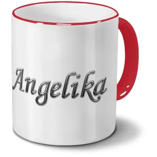 printplanet Tasse mit Namen Angelika - Motiv Chrom-Schriftzug - Namenstasse, Kaffeebecher, Mug, Becher, Kaffeetasse - Farbe Rot