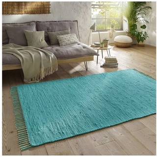 Teppich »Flickenteppich TaraCarpet Sylt mit Fransen«, TaraCarpet, rechteckig, Höhe: 5 mm, kurzflor Fleckerl Wohnzimmer Schlafzimmer und Küchenteppich nachhaltige Baumwolle waschbar 060x120 cm blau 60 cm x 120 cm x 5 mm