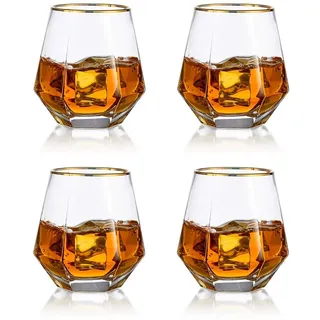 Glasseam 300 Ml Diamond Whisky Glasses: 4er-Set Gekipptes Whiskyglas | Bleifreies Goldrand Glas, Für Männer, Frauen, Papa, Ehemann, Freunde, Glaswaren Für Bourbon, Rum, Scotchglas, Bar Tumbler