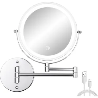 Wandmontierter Kosmetikspiegel Mit Beleuchtung, 8 Zoll, Doppelseitig, 1x/10x Vergrößerung, Rasierspiegel Mit 3 Farblichtern, Wiederaufladbarer, Ausziehbarer Kosmetikspiegel