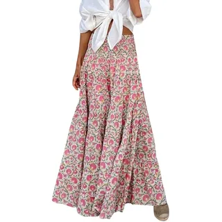 Maxirock Boho Damen Lang Einfarbig Sommer Drucken Luftige Falten Langer Luftiger Sommerrock Elegant Große Größen Plisseerock Elastizität Mädchen Rock, S-XL