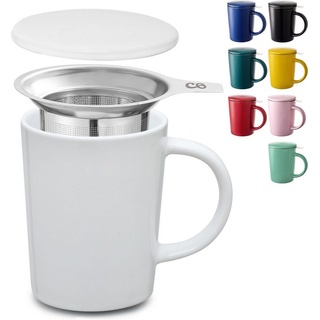 Cosumy Teeglas Teetasse mit Sieb und Deckel 400ml - Jumbotasse, Keramik, Hält Lange warm - 400 ml Groß - Spülmaschinenfest weiß