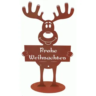 Dekofigur Elch mit Schild "Frohe Weihnachten" - Rost Design, Rostfigur Garten