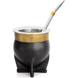 304 Edelstahl Argentinien Yerba Mate Tasse mit Strohhalm, Teekürbisbecher, eine Bombilla Mate (Strohhalm), eine Reinigungsbürste, Schwarz