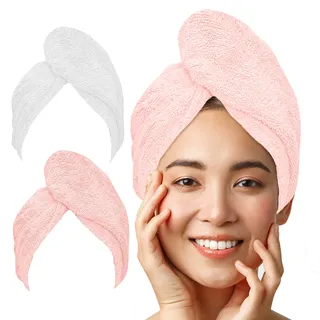 LUXTOGO® Haarturban-Premium Haarhandtuch 100% Baumwolle, Hochwertiges Turban Handtuch mit Knopf und Gummizug, Super Saugfähiges Kopfhandtuch (2 STK Weiß+Rosa)