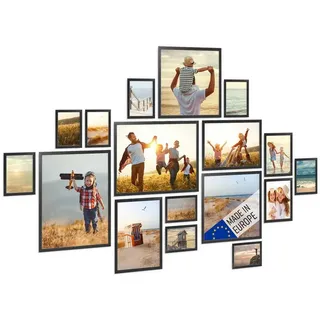 PHOTOLINI Bilderrahmen 17er Set Echtholz-Rahmen schmal, mit Acrylglas, 10x15 bis 30x40 cm, für 17 Bilder (17er Set) schwarz