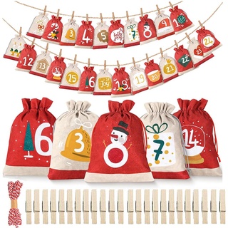 Adventskalender zum Befüllen 2023, 24 Stück Weihnachtskalender, Weihnachtsdeko Säckchen/Tüten, Säckchen DIY Weihnachtsdeko