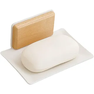 Pasdrucn Seifenhalter Ohne Bohren Edelstahl Selbstklebend, Seifenhalter Dusche, Seifenschale Wandmontage Ohne Bohren Aus Holz, Wandmontage 'Seifenablage Für Badezimmer Küche Balkon (Weiß)