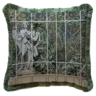 Casa Padrino Luxus Barock Deko Kissen Skulptur Grau / Braun / Grün 45 x 45 cm - Bedrucktes Samt Kissen mit Fransen - Luxus Barock Deko Accessoires