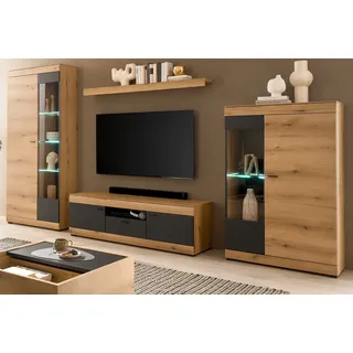 furn.design WOHNWAND Eiche, grau 350 cm 4-teilig, Wohnzimmer Set mit Soft-Close