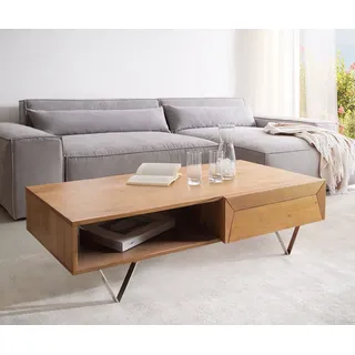 DELIFE Couchtisch Kayu, Akazie Natur 115x60 cm 2 Schübe V-Fuß Edelstahl Couchtisch beige 115 cm x 40 cm x 60 cm