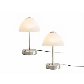 Reality Leuchten LED Nachttischlampe 2-er SET dimmbar Silber, Höhe 24cm, Dimmfunktion, LED fest integriert, Warmweiß, kleine Designklassiker Tischlampen mit Glas-Schirm Weiß silberfarben
