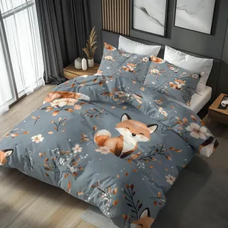 Generisch 135x200 Bettwäsche Fuchs Bettbezug - 2tlg, 1 Kissenbezug 80x80, Süß Tiere Muster, Schlafzimmer Deko, Weiche Mikrofaser Wendebettwäsche mit Reißverschluss - HOC571