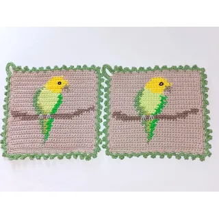 Storchenlädchen 1 Paar Topflappen Wellensittich, gehäkelt Handarbeit Vogel Vögel Haustier