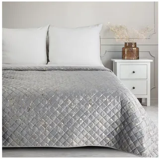 Eurofirany Tagesdecke BLINK4, elegant gesteppte Velours Decke mit glänzendem Muster silberfarben 170 cm x 210 cm