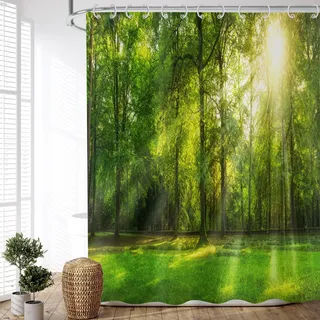 ASDCXZ Duschvorhang Wald 150x180 cm, Naturlandschaft Grün Wald Sonnenschein Motiv Wasserdicht Textil Bad Duschvorhänge Waschbar Polyester Stoff Duschvorhang für Badewanne mit 12 Duschvorhang Hake