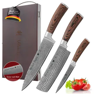 Wakoli EDIB 3er Damastmesser Set mit Gravur – Personalisiertes Messer-Set, Chefmesser, Nakiri & Allzweckmesser (20/17,5/12,5 cm), 67 Lagen Damaststahl (VG10-Kern), Pakkaholzgriff, Holzbox