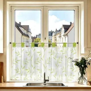 Joyswahl Scheibengardine Voile Bistrogardine Schlaufen Celilie 30x90 Grün | Transparente Gardine Stores, 1er Pack, Kurzgardinen, Küchengardinen modern, Fenstergardinen landhaus, mit Blätter Muster