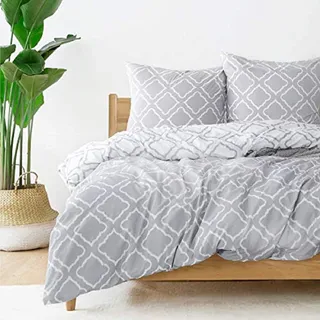BEDSURE Bettwäsche 200x220 3teilig Bettbezug - Bettwäsche-Sets 200 x 220 cm mit 2 Kissenbezüge 80x80 cm, ÖKO-TEX Wendebettwäsche Bedding Gitter Grau Muster für Doppelbett mit Reißverschluss